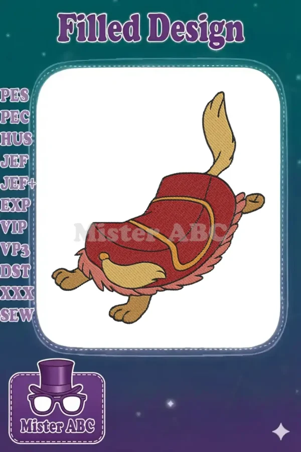 A vibrant machine embroidery design of a dog's rear, adorned with a red and gold saddle blanket and a playful tail.