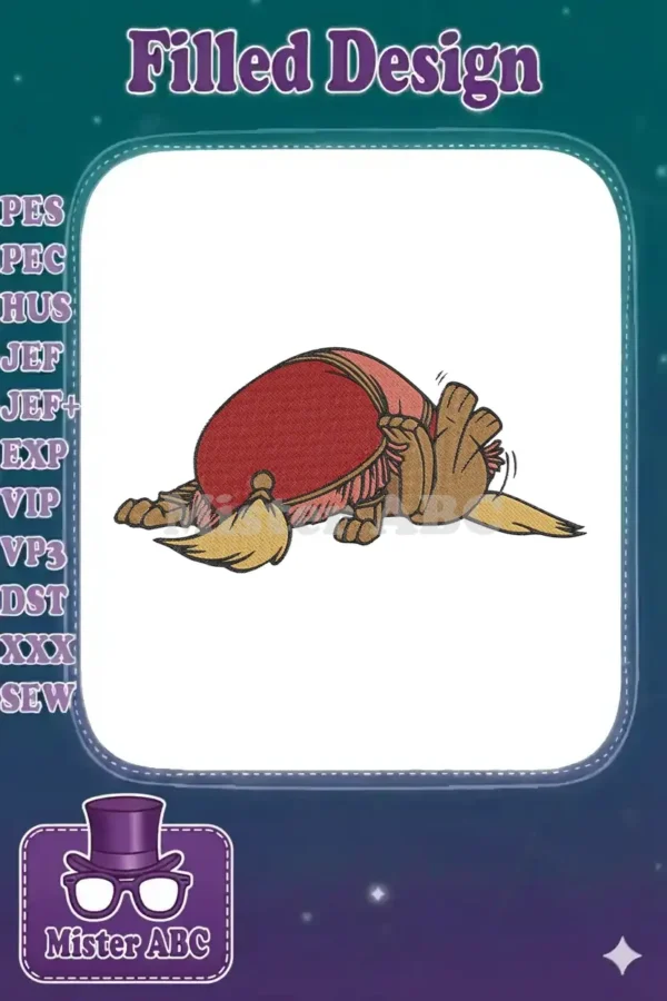 Embroidered design of Sultan, the footstool from Beauty and the Beast, lying face down in a sulking pose.