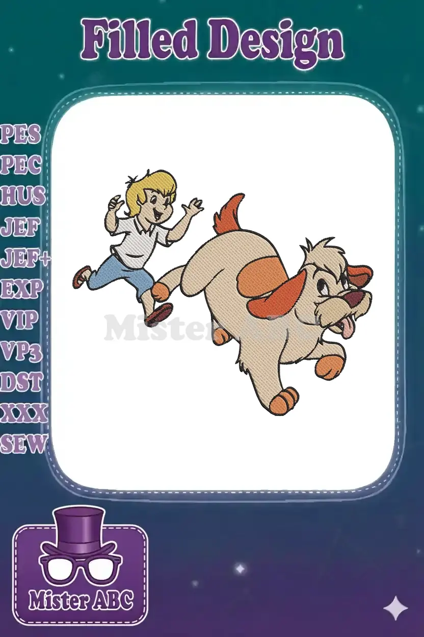 Full view of a cheerful blonde boy running after a playful tan and orange dog, captured in vibrant embroidery stitches.