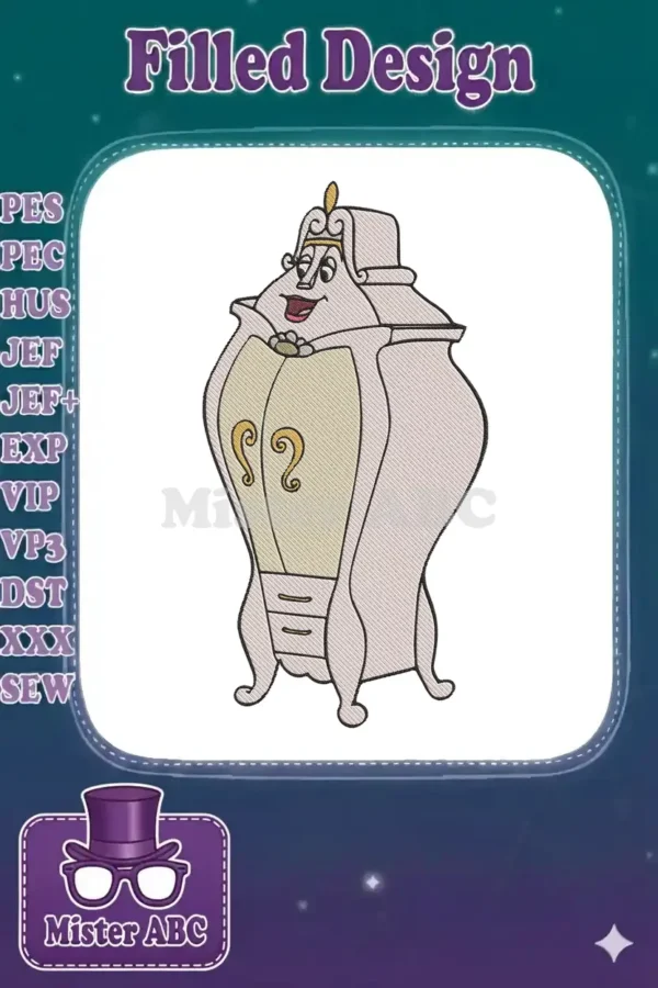 Detailed embroidery design of Madame de Garderobe from Disney's Beauty and the Beast, featuring a happy expression.