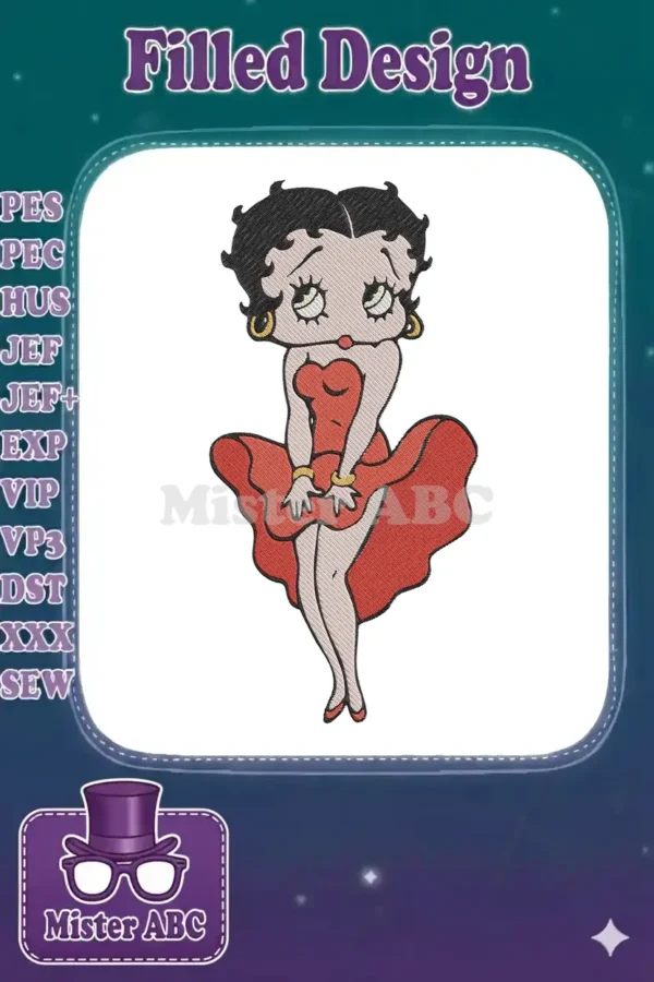 Betty Boop embroidery design in a red dress, striking a classic Marilyn Monroe-inspired pose with a playful uplifted skirt.