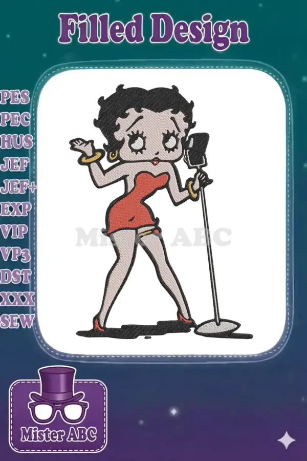 Betty Boop embroidery design, vibrant and detailed, showing her in a red dress singing into a classic microphone.