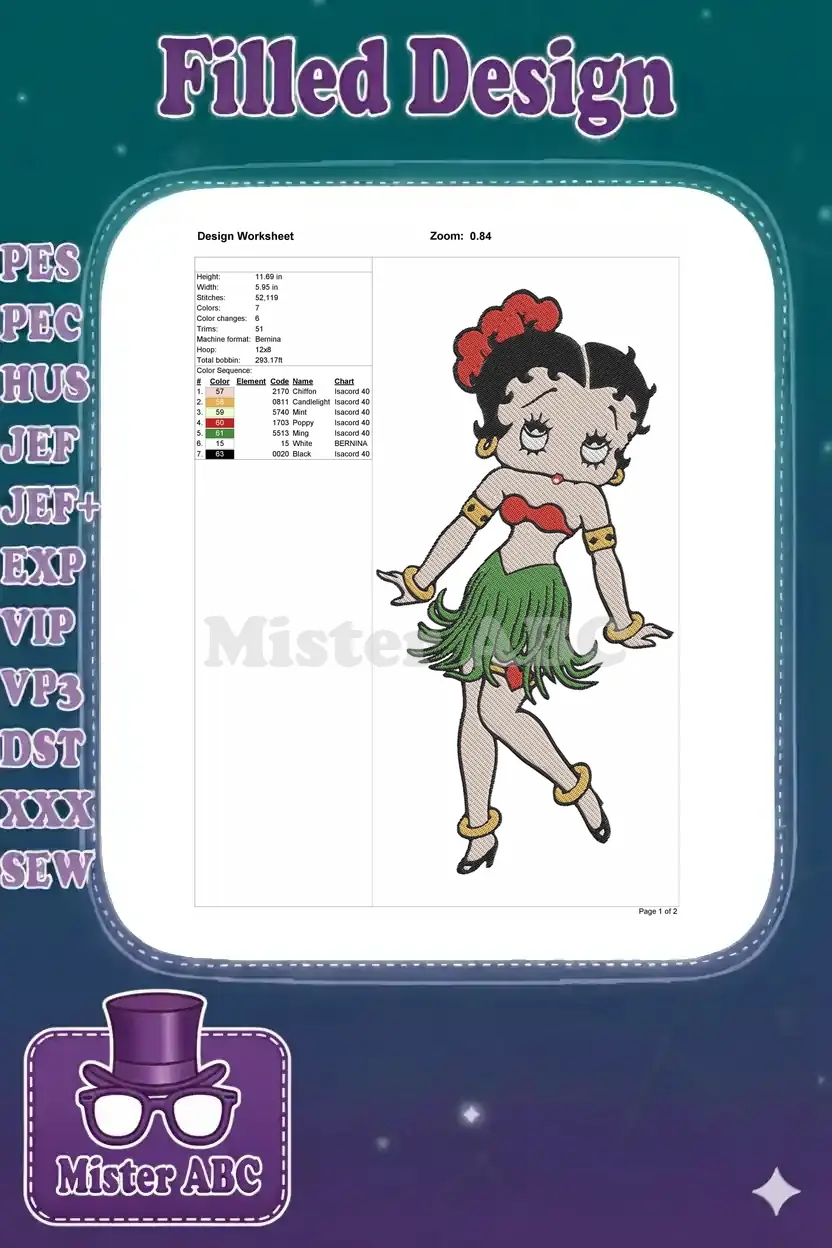Design worksheet for the Betty Boop Hula embroidery, detailing dimensions, stitch count, and thread colors.