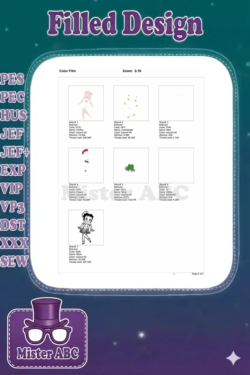 Color film breakdown for Betty Boop Hula design, showing each thread color's stitching sequence and density.