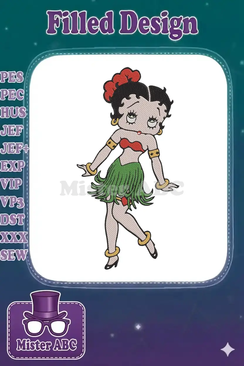 Full-body embroidery design of Betty Boop in a hula outfit, featuring a green skirt, red top, and flower.