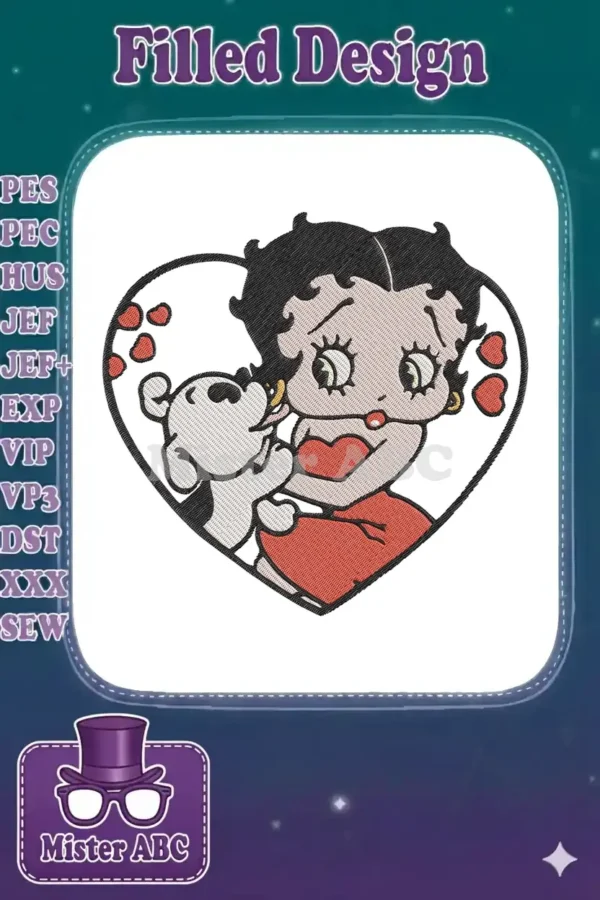 Betty Boop embracing her dog Pudgy inside a heart, a delightful and iconic embroidery design for fans.