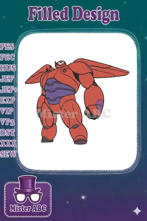 A detailed embroidery design of Baymax in his red armored suit, standing heroically with spread wings and a determined pose.