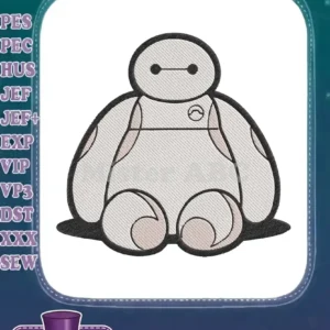 A delightful embroidery design featuring Baymax from Big Hero 6, rendered in light grey, white, and black.