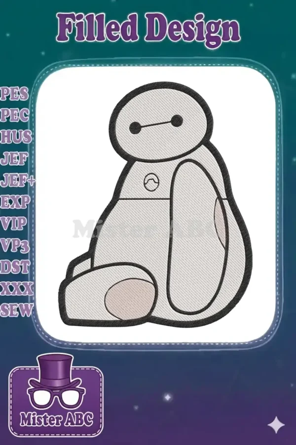 A charming Baymax embroidery design, sitting with a gentle expression, outlined in black on a white background.
