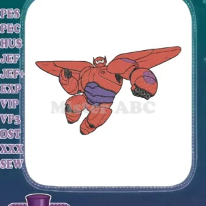 Vibrant embroidery design of Baymax in his red armored suit, captured mid-flight, showcasing detailed stitching and dynamic pose.