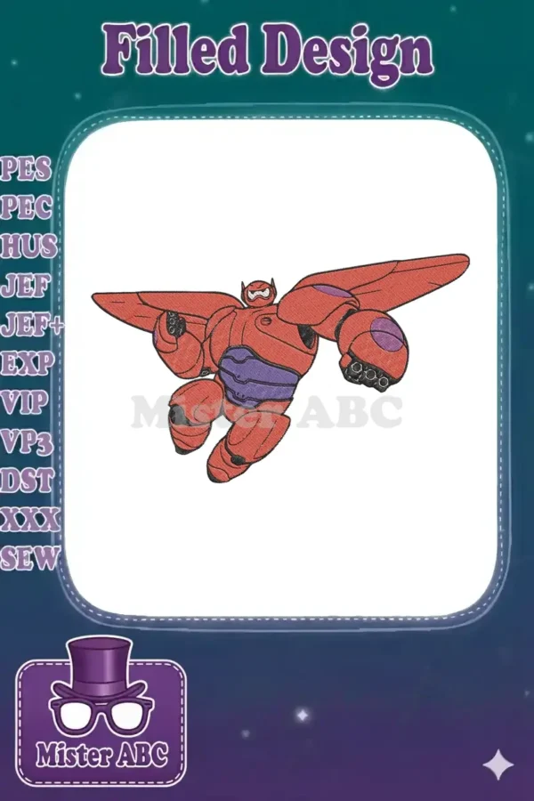 Vibrant embroidery design of Baymax in his red armored suit, captured mid-flight, showcasing detailed stitching and dynamic pose.