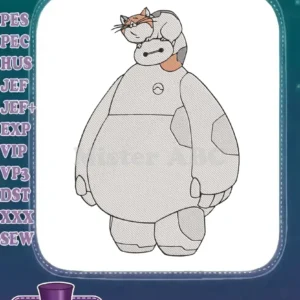 Embroidered Baymax, the lovable robot, with a small, orange and white calico cat comfortably sleeping on his head.