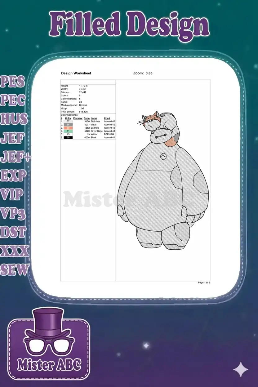 Embroidery design worksheet detailing height, width, stitch count, colors, and machine compatibility for the Baymax design.