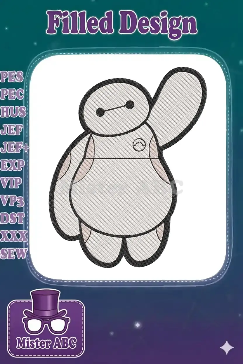 Close-up of the adorable Baymax embroidery design, featuring smooth fill stitches and bold black outlines.