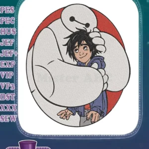 A heartwarming embroidery design featuring Baymax hugging Hiro Hamada, set against a vibrant red circular background.