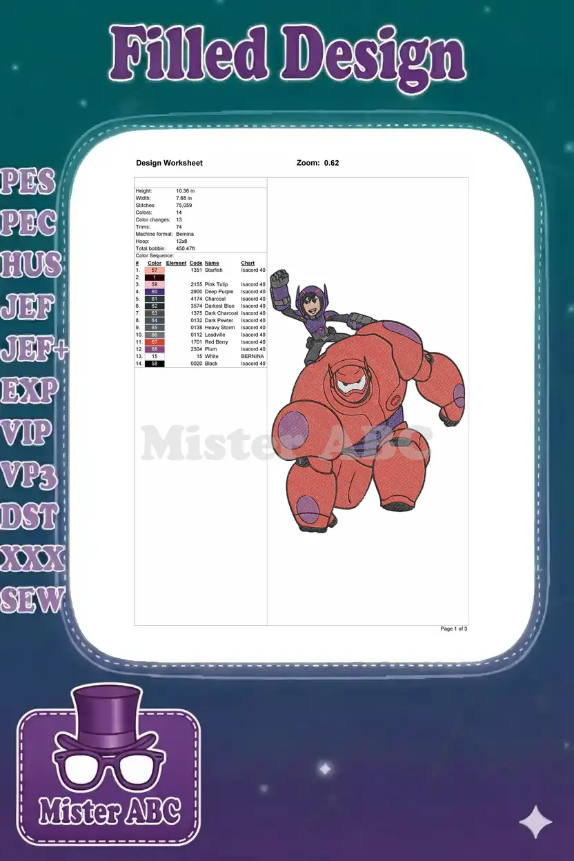 A detailed embroidery design worksheet for Baymax and Hiro, listing dimensions, stitch count, and color chart.