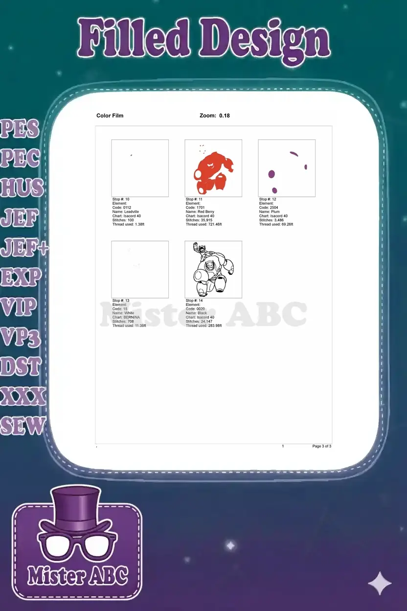 Second page of the color film for Baymax & Hiro embroidery, completing the stitch sequence and thread usage.