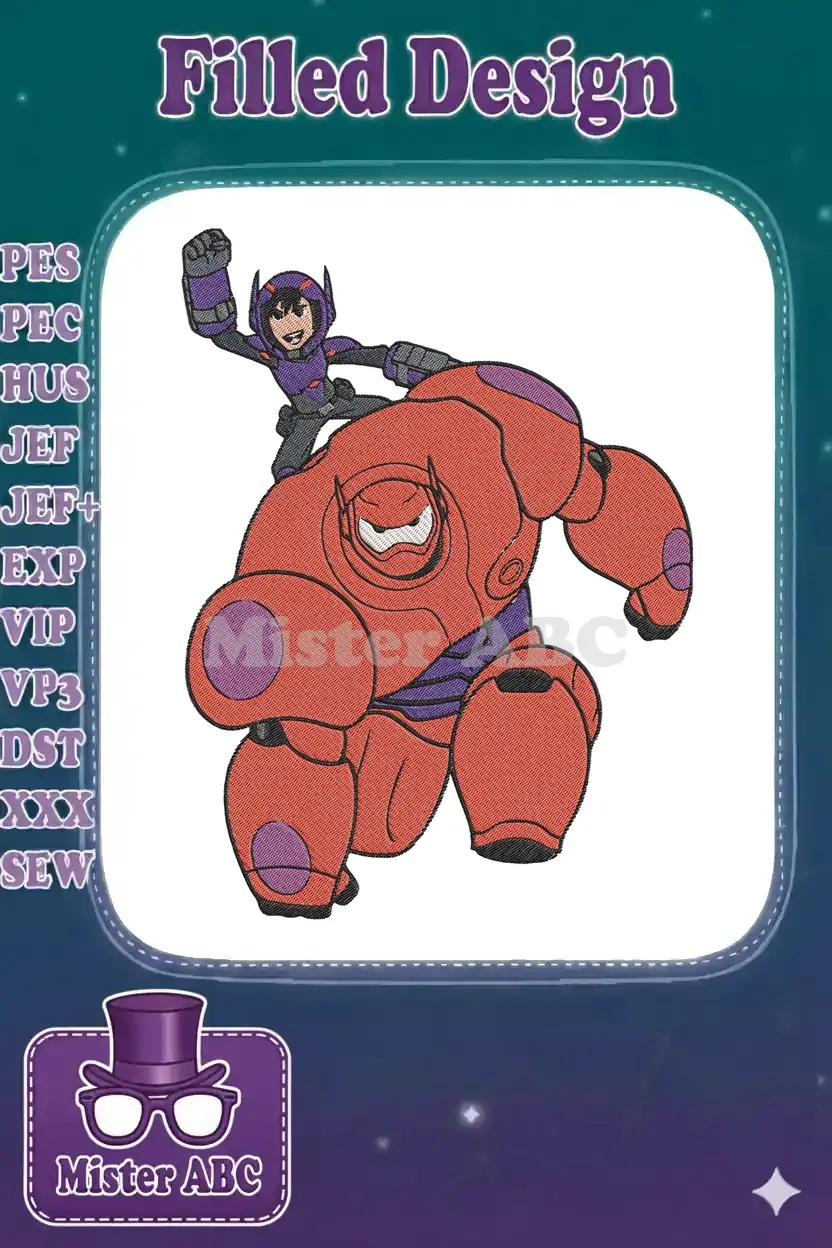 Dynamic embroidery of Hiro Hamada riding on Baymax's back, featuring vibrant red, purple, and grey colors.