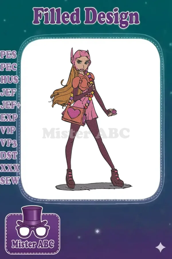 Full-body embroidery design of Honey Lemon from Big Hero 6, featuring her signature outfit and accessories.