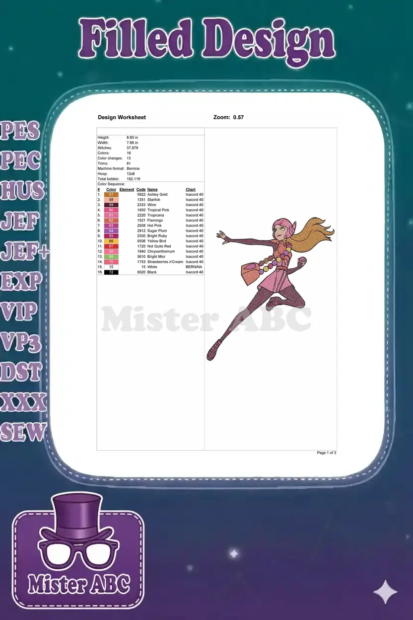 Embroidery design worksheet for Honey Lemon, displaying stitch count, color chart, dimensions, and machine info.