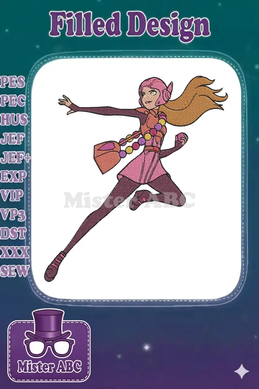 Vibrant embroidery design of Honey Lemon from Big Hero 6 in a dynamic action pose, ready for adventure.