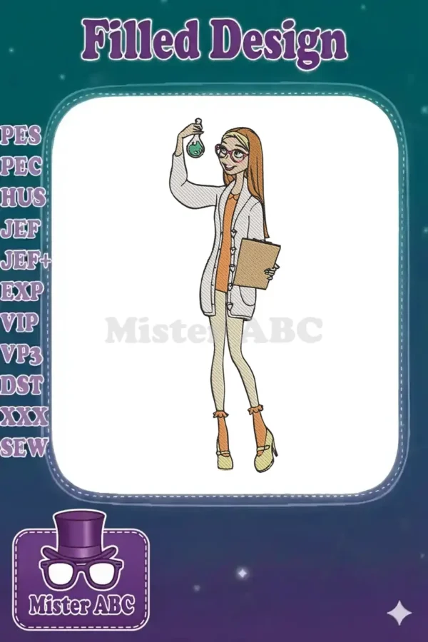 Full-body embroidery of Honey Lemon from Big Hero 6, in a lab coat, holding a flask, with her signature style.