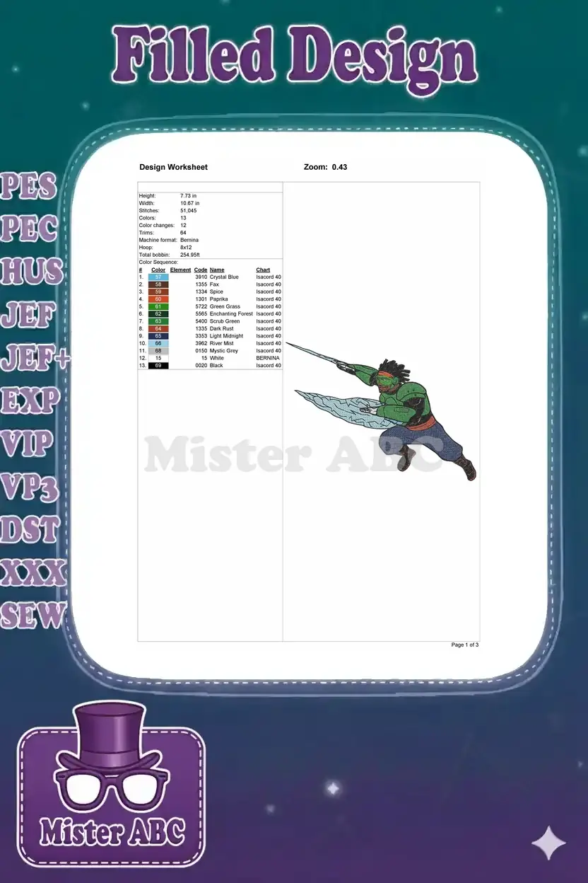 Embroidery design worksheet displaying essential details: dimensions, stitch count, color sequence, and thread brands.