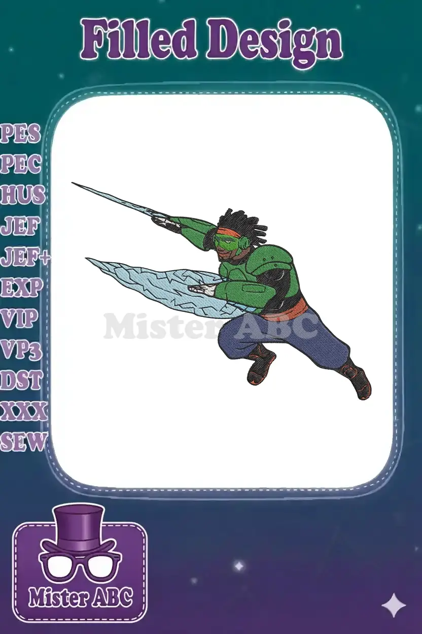 A dynamic embroidery design of a green-skinned warrior with dreadlocks, wearing armor, and wielding ice powers.