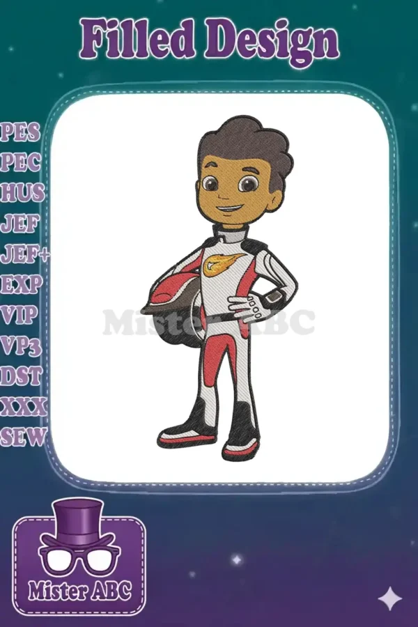 Embroidery design of AJ from Blaze and the Monster Machines, in a racing suit with a helmet, ready for action.