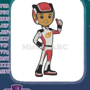 Full-body embroidery of AJ from Blaze and the Monster Machines, giving a thumbs up in his red and white racing suit.