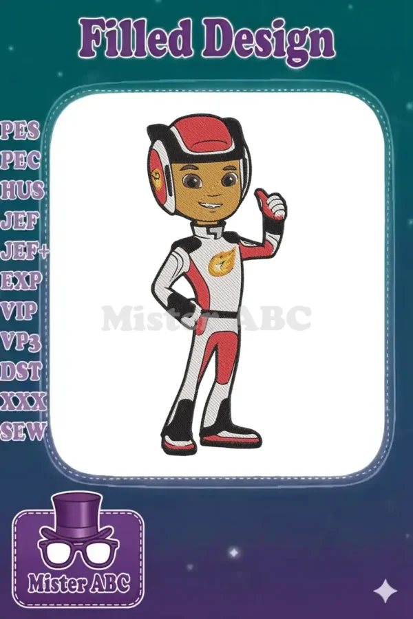 Full-body embroidery of AJ from Blaze and the Monster Machines, giving a thumbs up in his red and white racing suit.