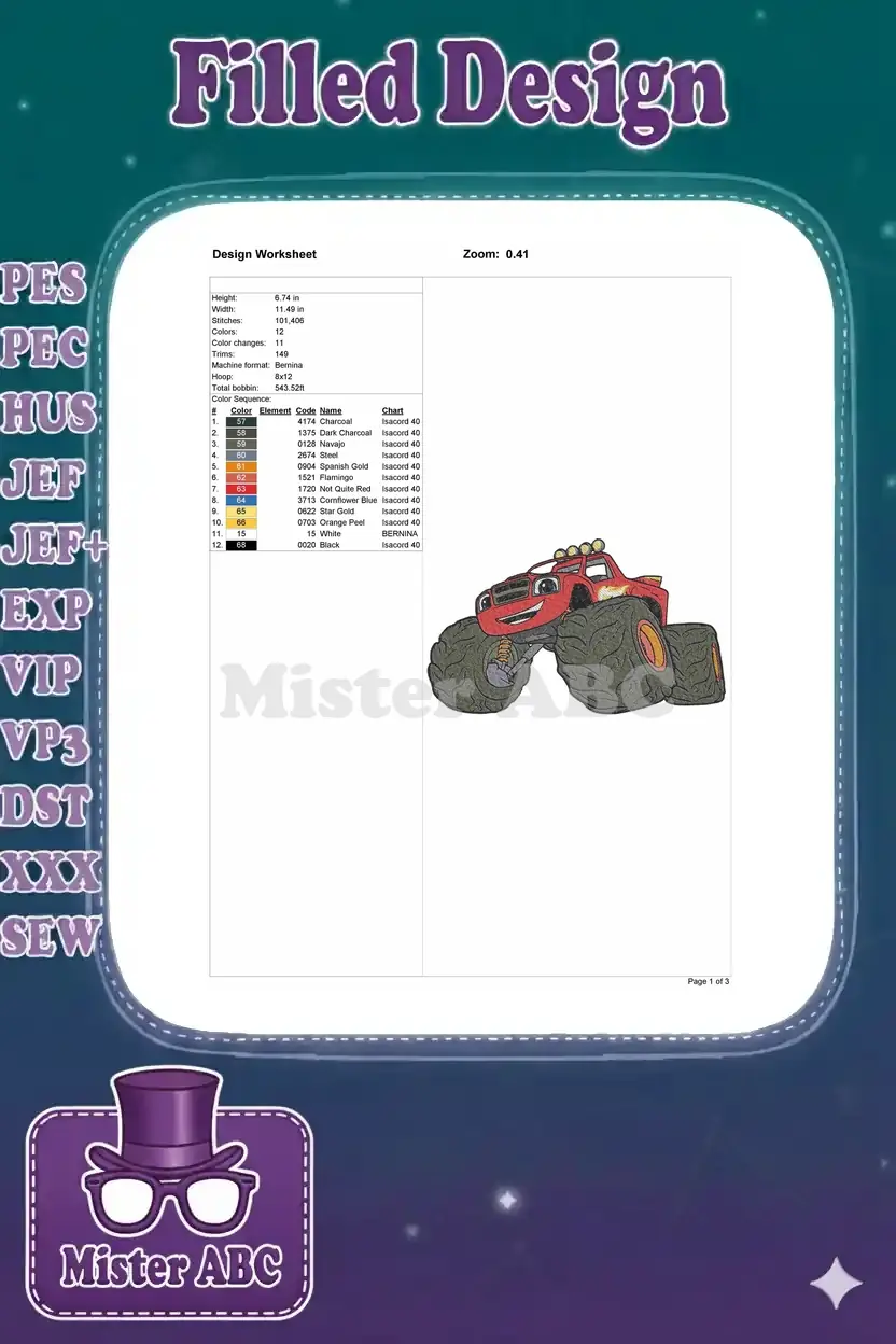 A comprehensive design worksheet displaying embroidery specifications: dimensions, stitch count, color chart, and hoop size.