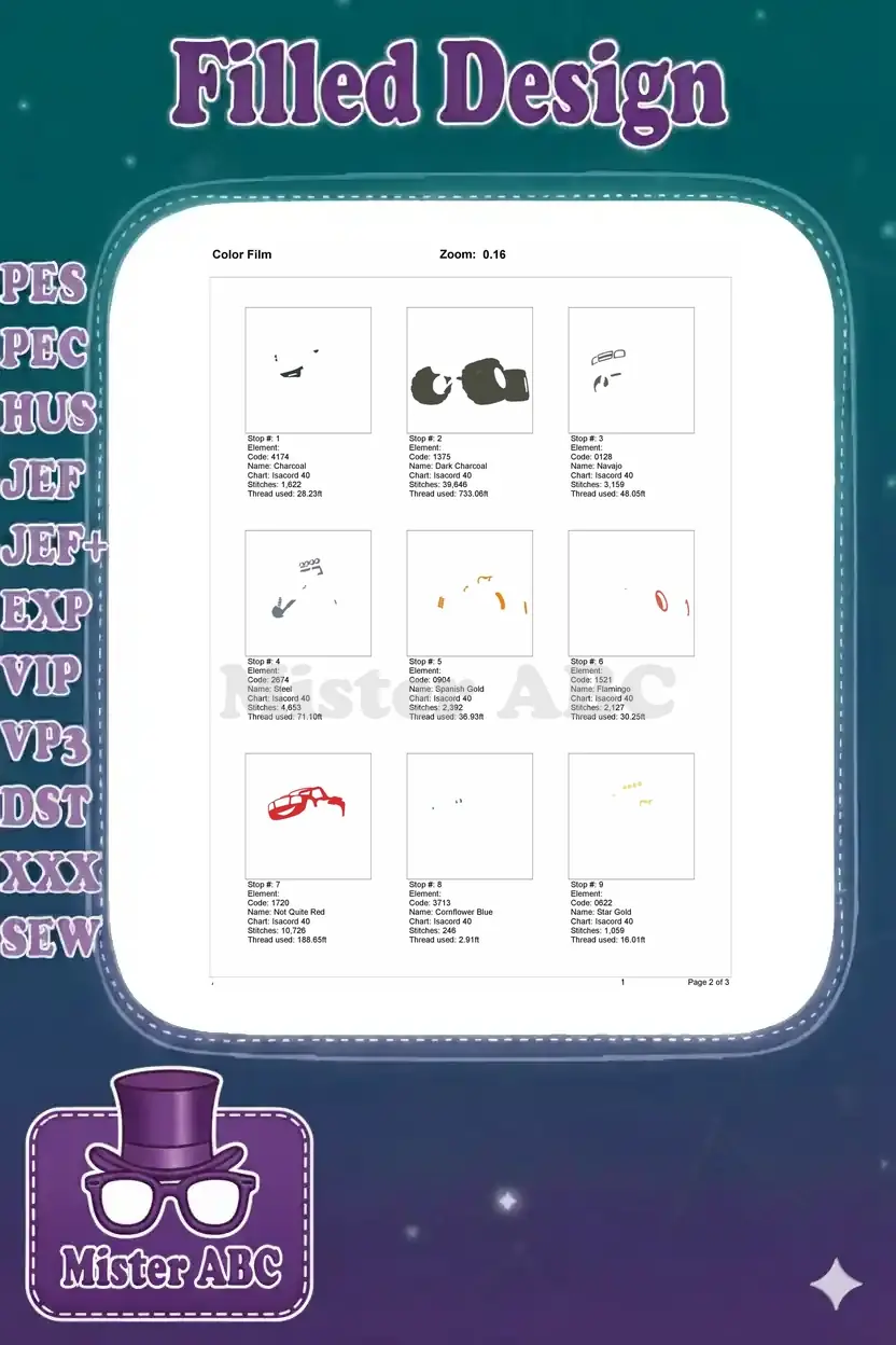 First page of the color film, illustrating the initial nine color stops and their corresponding stitched elements.