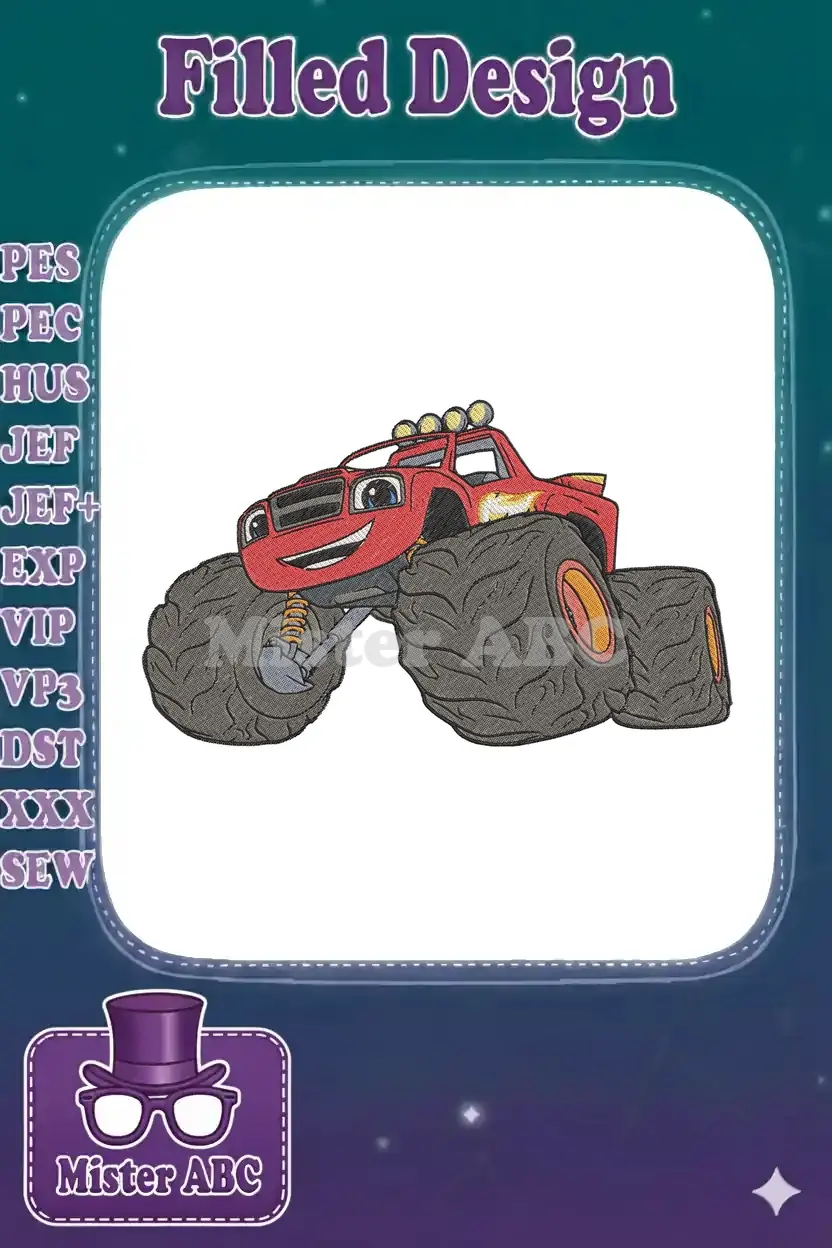 A vibrant embroidery of Blaze, the red monster truck from the popular show, featuring a friendly face and large tires.