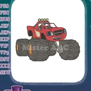 A vibrant embroidery design of Blaze, the red monster truck from the popular cartoon, featuring big tires and a friendly smile.