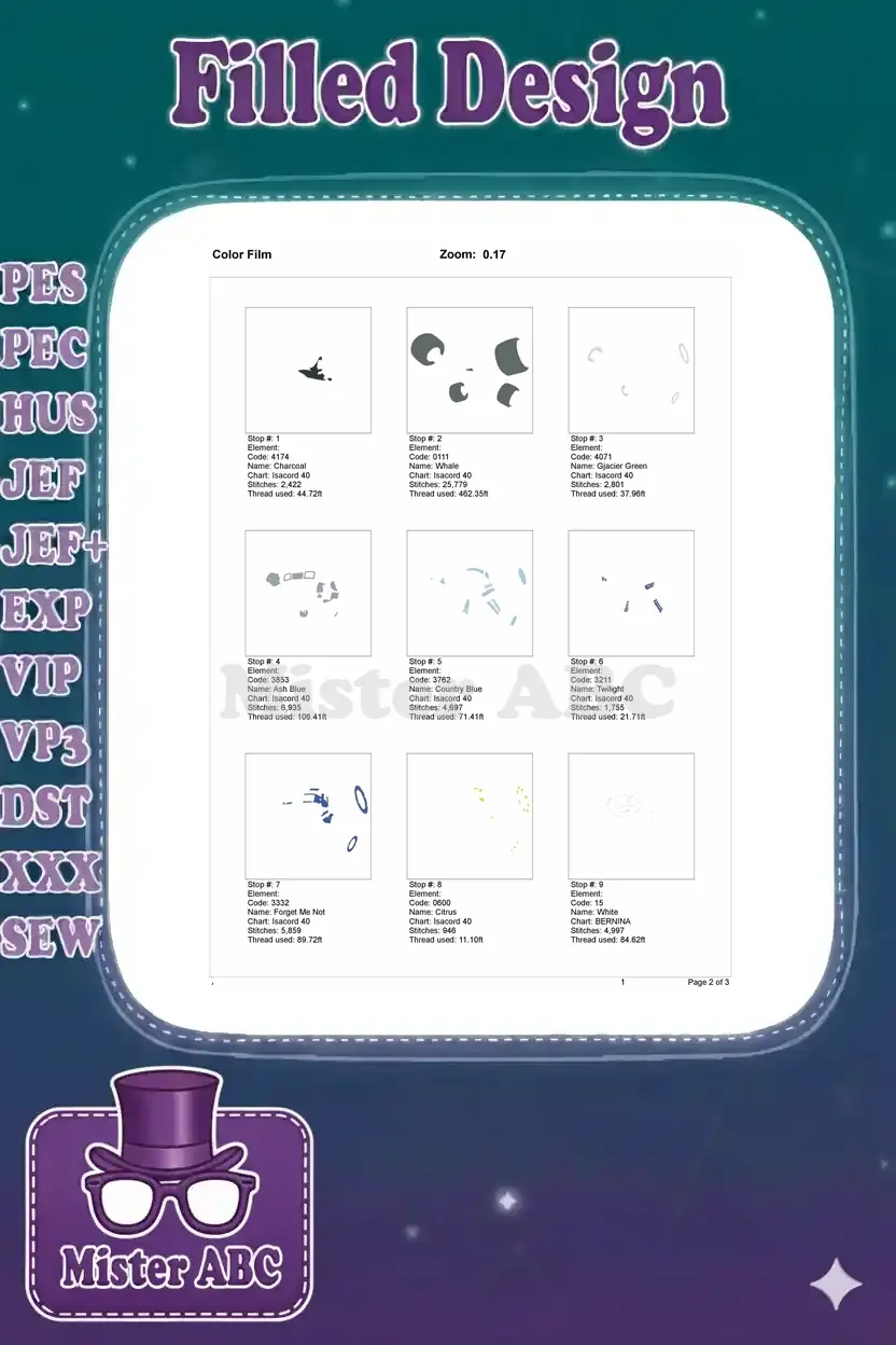 First page of the embroidery color film, detailing the first nine color stops and thread usage.