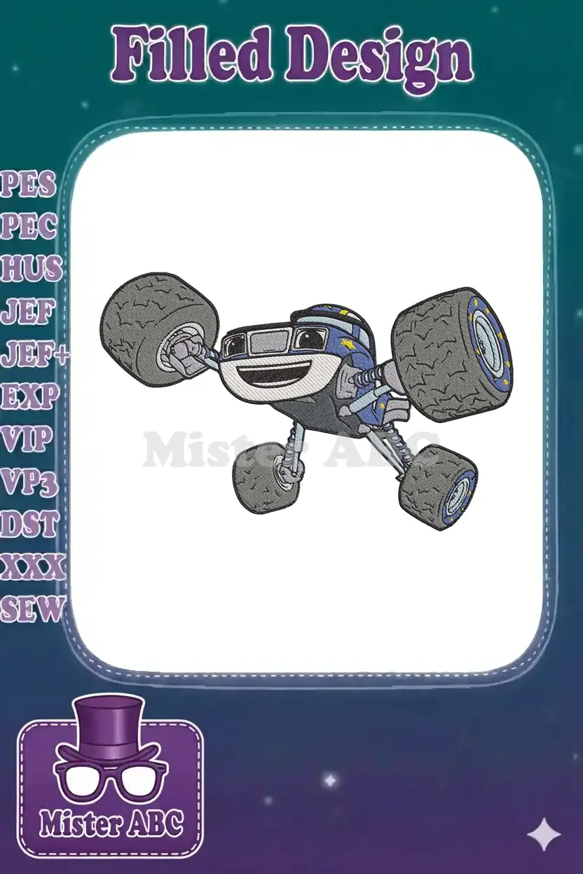 A vibrant embroidery design of Crusher from Blaze and the Monster Machines, mid-jump, showcasing detailed stitching.