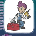 Purple-haired girl mechanic with drill and toolbox embroidery designs - Instant Download