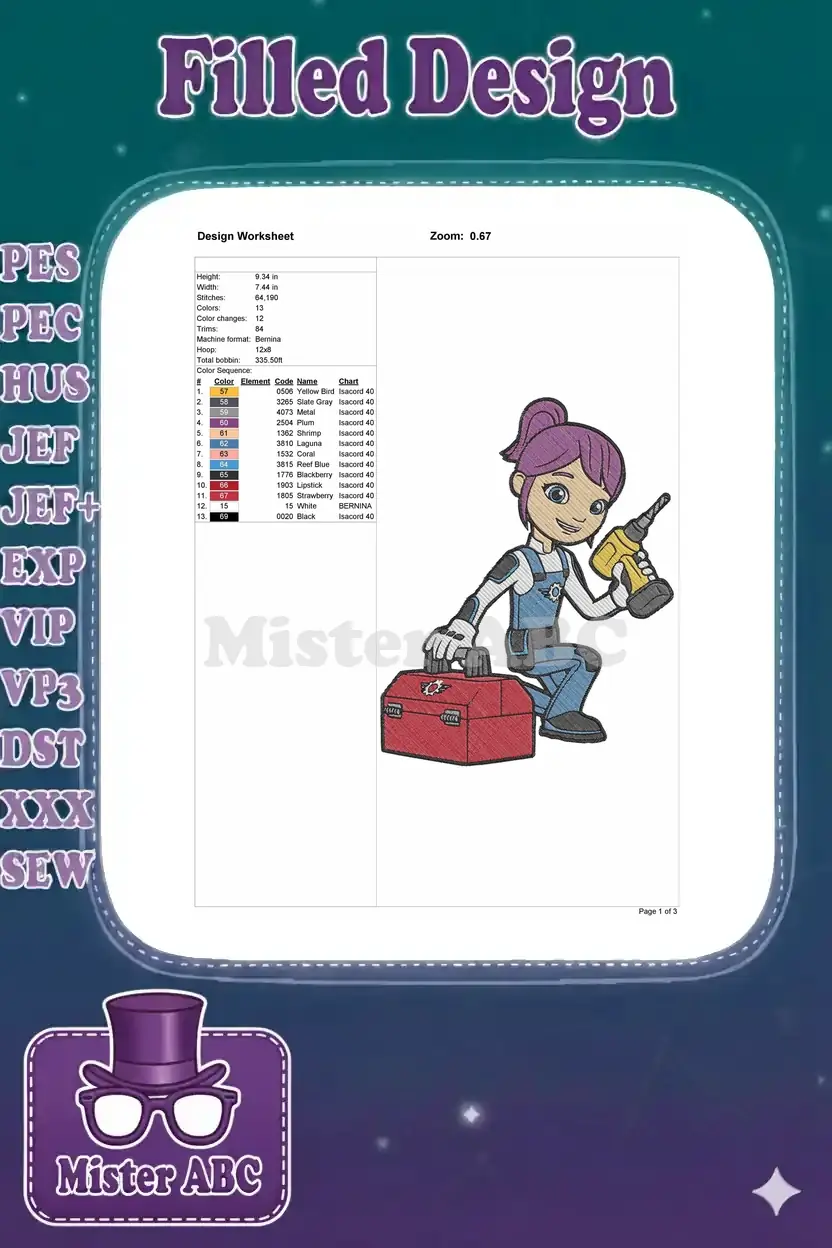 Detailed embroidery design worksheet showing dimensions, stitch count, color sequence, and machine compatibility.