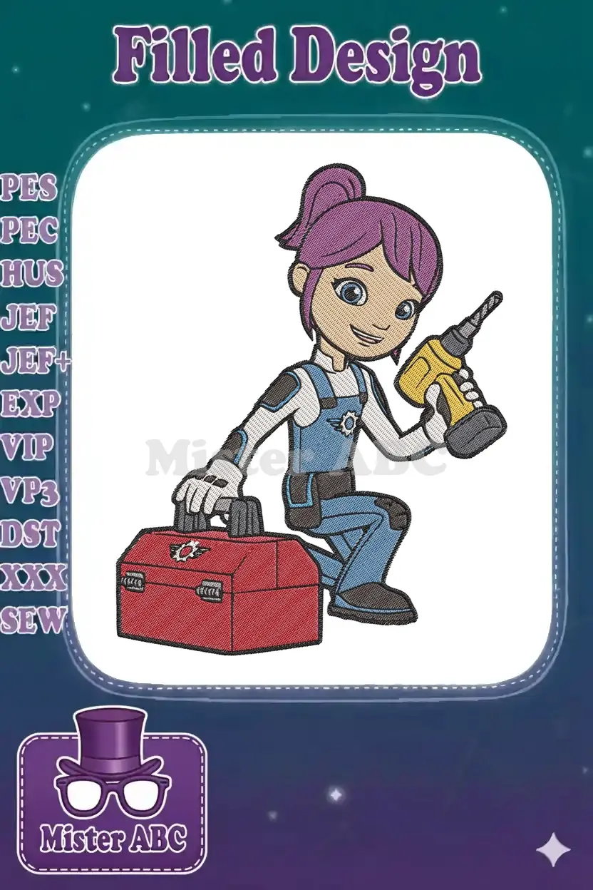 Vibrant embroidery design of a cheerful girl mechanic with purple hair, holding a drill, kneeling beside a red toolbox.