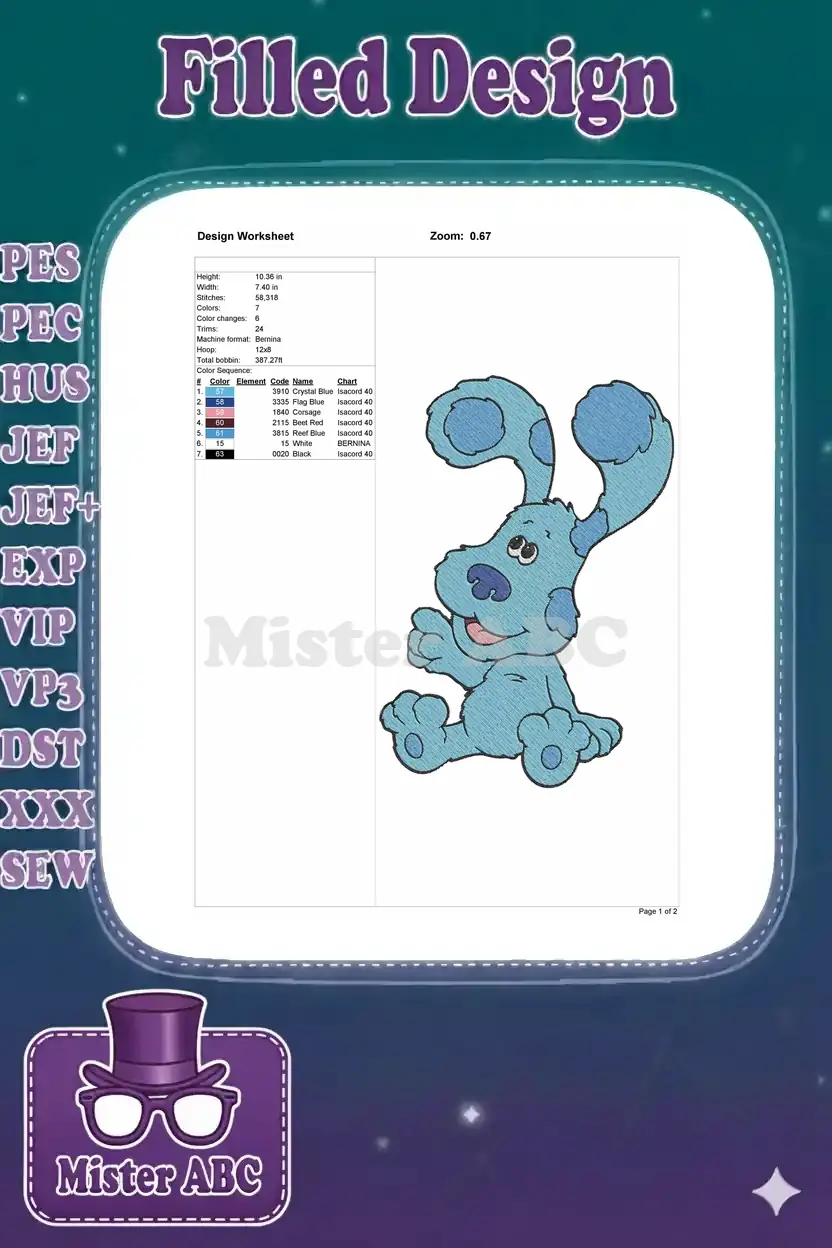 A detailed embroidery design worksheet for Blue's Clues, showing dimensions, stitch count, and color sequence.