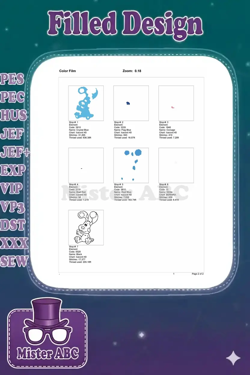A color film breakdown for the Blue's Clues embroidery design, showing each stitch stop and thread usage.