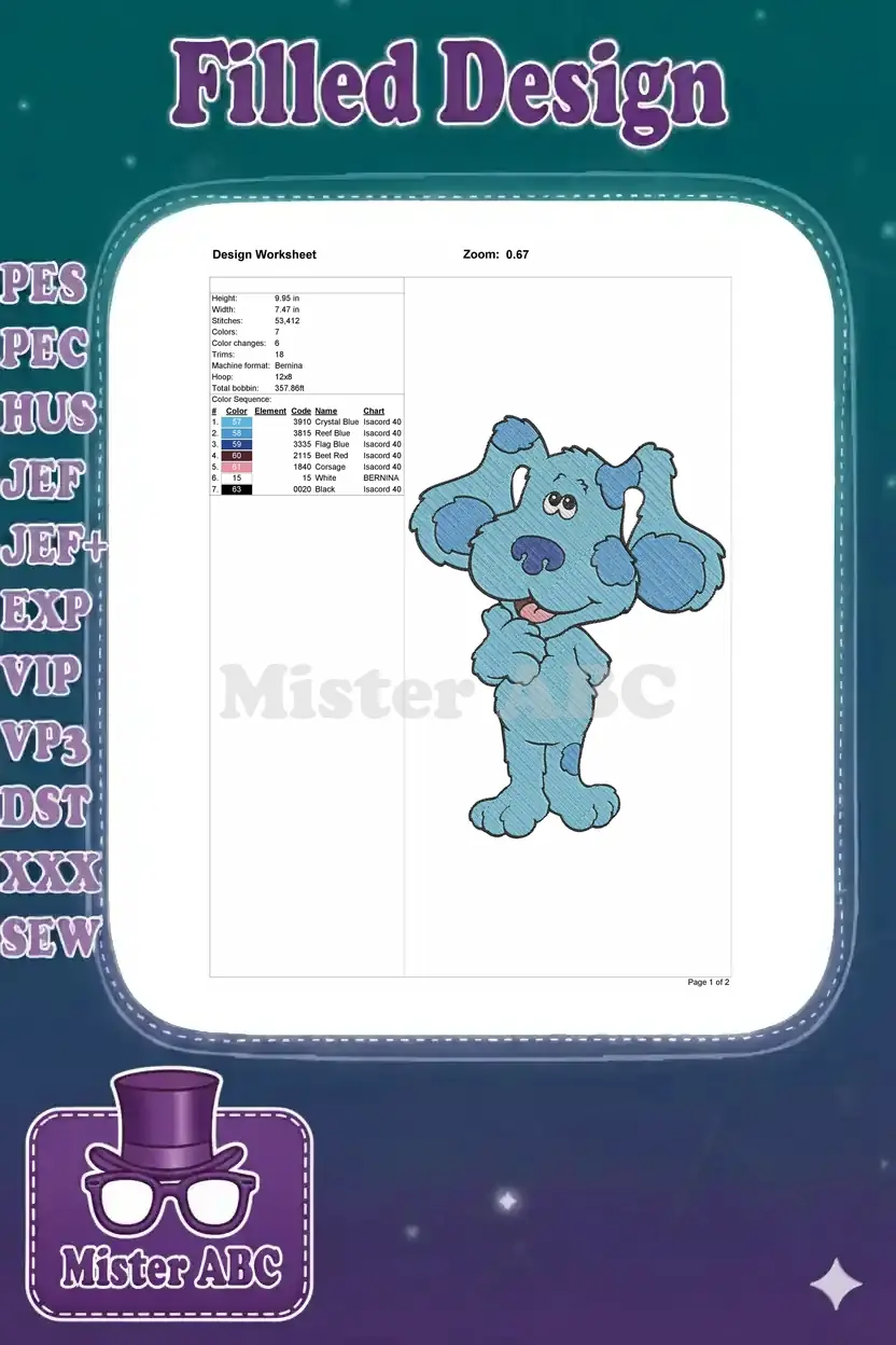 Embroidery design worksheet for Blue, detailing dimensions, stitch count, color sequence, and machine info.
