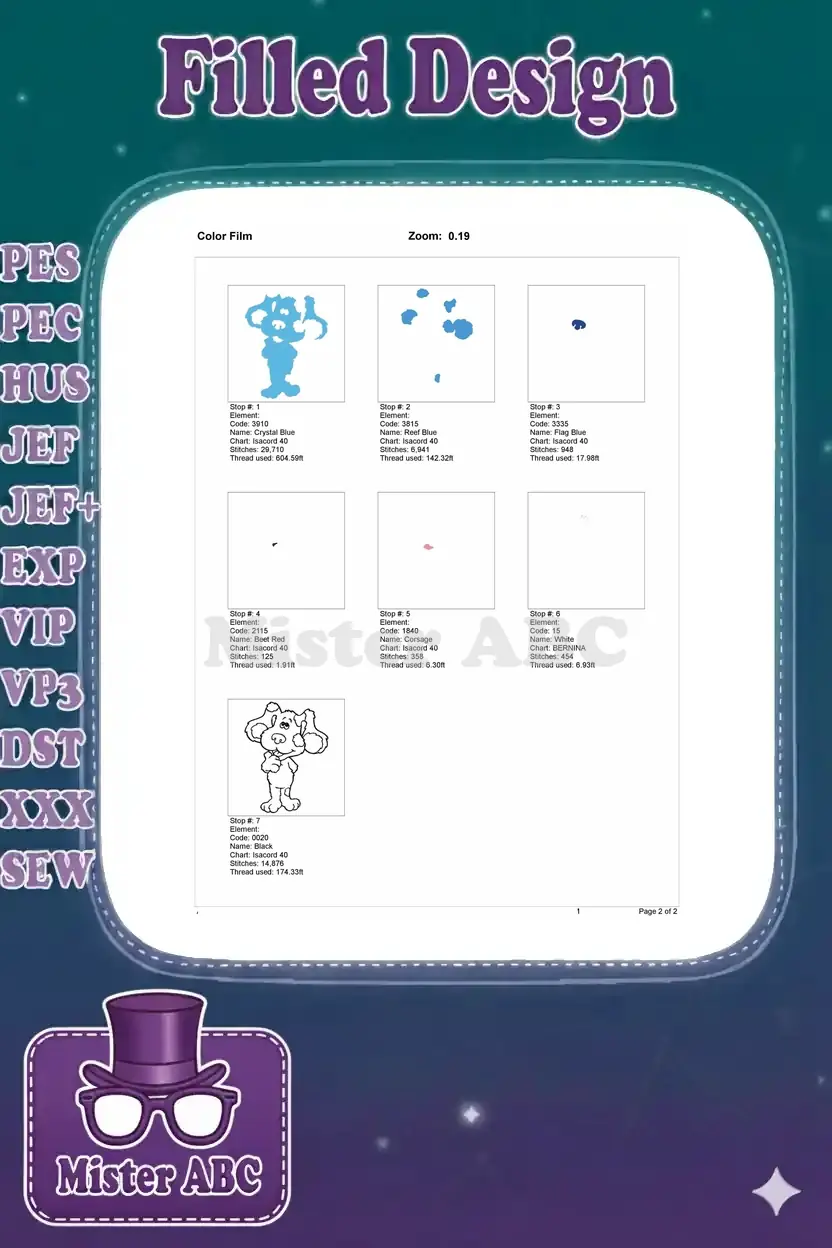 Color film breakdown for Blue's Clues embroidery, showing each stitch stop and color application sequence.