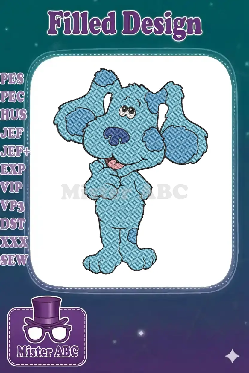 Close-up of the Blue's Clues character, Blue, as a vibrant machine embroidery design, ready for stitching.
