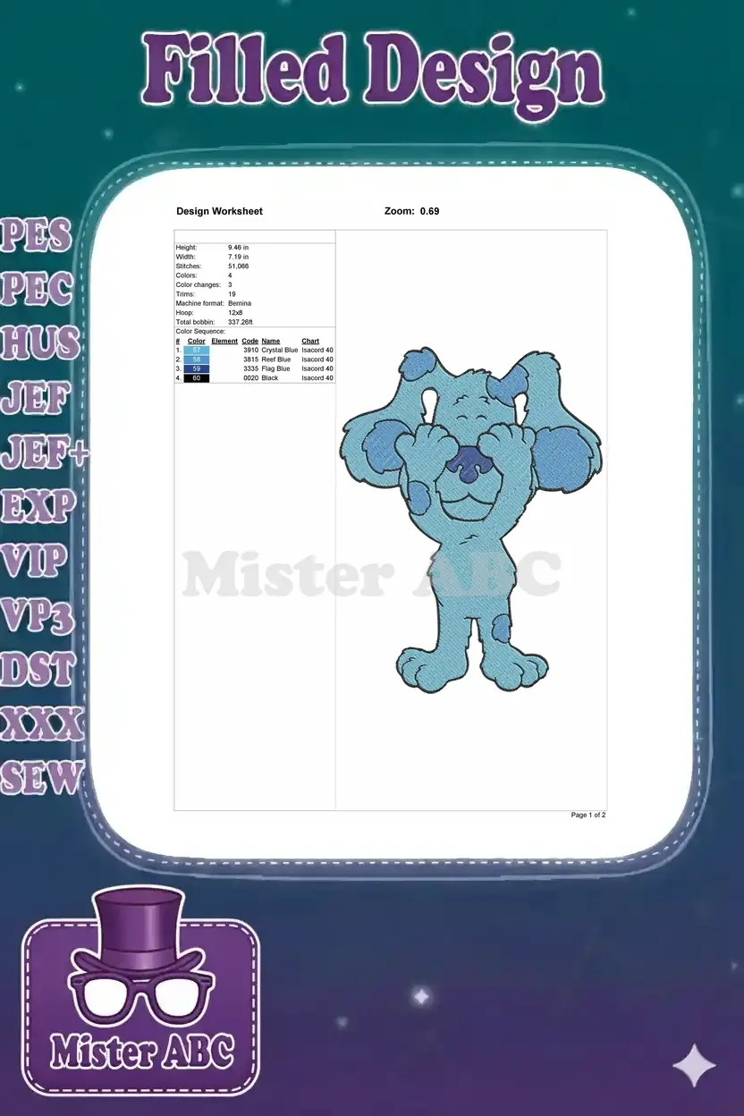 A detailed embroidery design worksheet for Blue's Clues, showing dimensions, stitch count, and color sequence.
