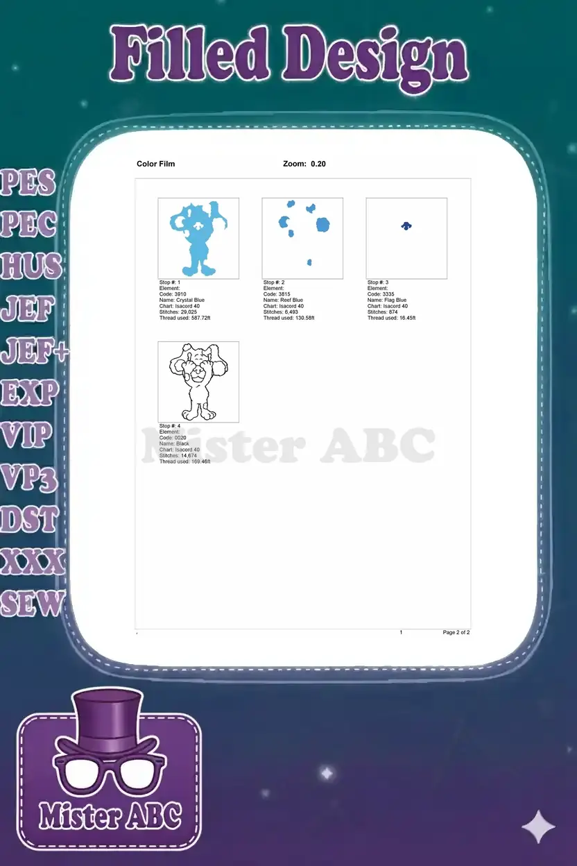 Embroidery color film breakdown for Blue's Clues design, showing individual stitch stops and thread usage.