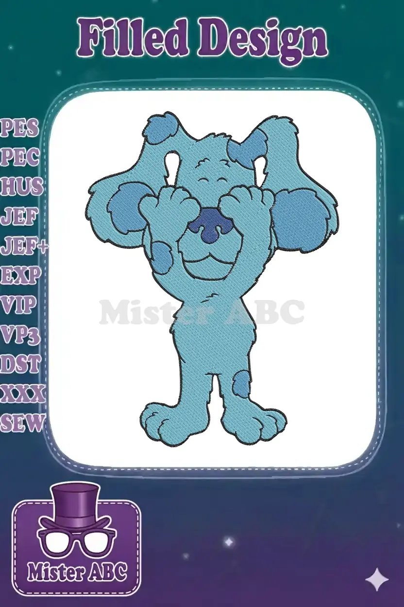 A charming embroidery design of Blue from Blue's Clues, playfully covering its eyes in a peek-a-boo pose.