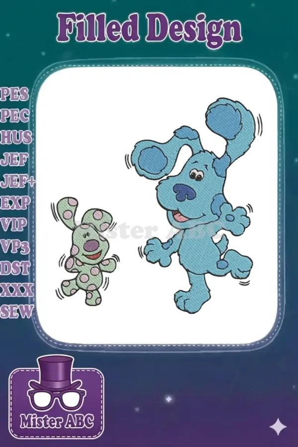 Playful embroidery design featuring Blue and Magenta from Blue's Clues, perfect for children's apparel and accessories.
