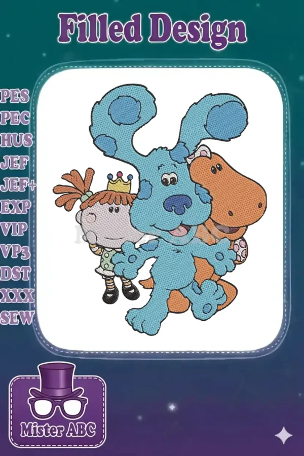 Vibrant embroidery design featuring Blue from Blue's Clues, Magenta, and a child character, ready for playful projects.